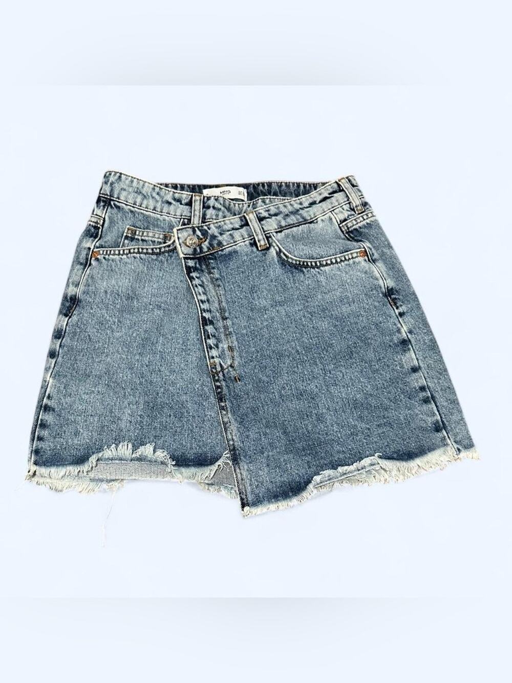 MNG Denim Distressed Asymmetrical Wrap Denim Mini Skirt XS